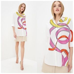 Escada Sport Ribbon Print Tunic Shirt Oversized Button Up Art Blouse White 10
